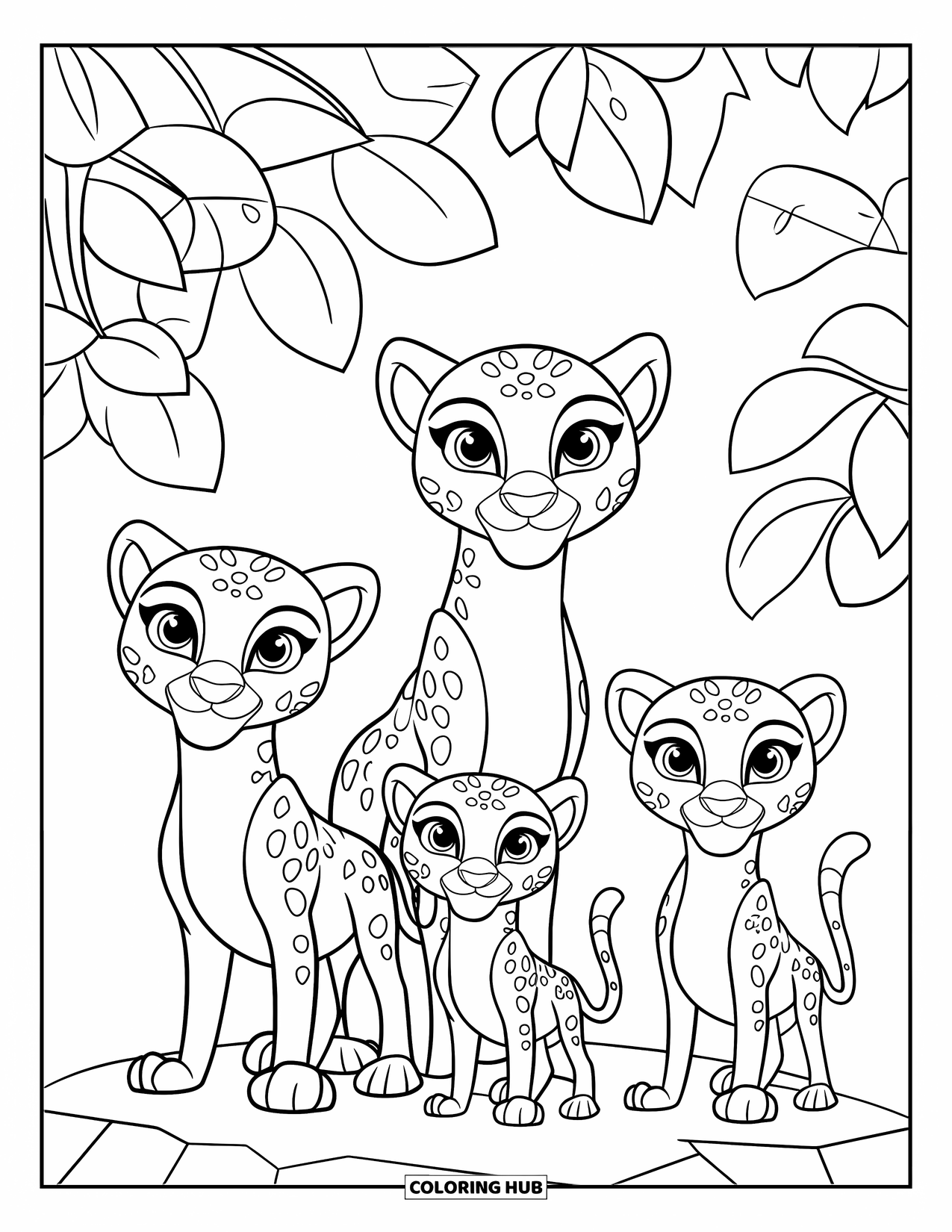 Cheetah Coloring Page for Kids: Three cute cheetahs stand on a rock in a jungle with round-leaved trees