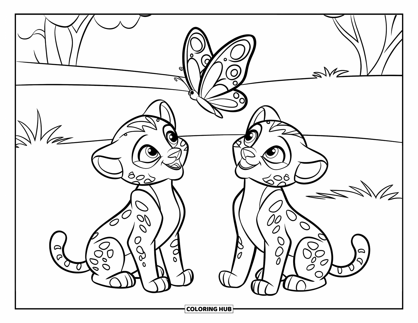 Cheetah Coloring Page for Kids: Two curious cheetahs watch a butterfly flutter in a quiet grassy field
