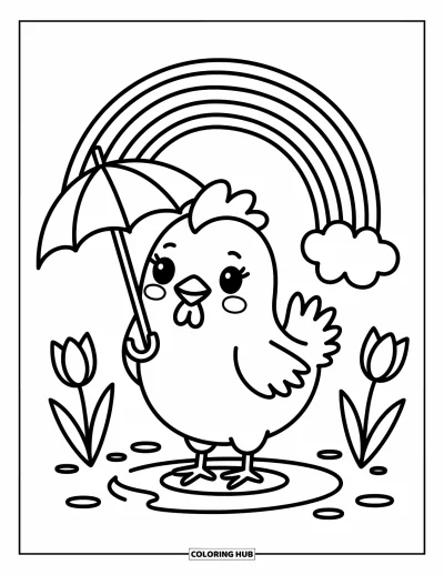 Coloriage de poulet pour adultes : Un poulet joyeux qui éclabousse dans une flaque en tenant un petit parapluie