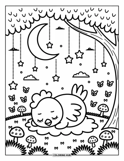 Coloriage de poulet pour adultes : Un poulet qui sommeille paisiblement dans l'herbe sous les étoiles et des nuages moelleux
