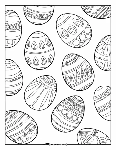 Coloriage de poulet pour adultes : Des œufs de poule avec des motifs floraux et circulaires sur fond blanc