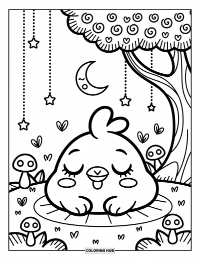 Coloriage de poulet pour adultes : Un poulet qui somnole sous une lune de rêve avec des étoiles et des champignons