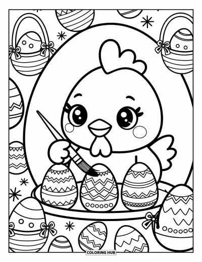 Coloriage de poulet pour adultes : Un poulet qui décore des œufs à motifs à côté de paniers et de rubans