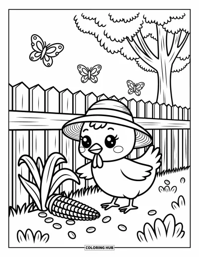 Coloriage de poulet pour adultes : Un poulet qui picore doucement pendant que des papillons volent près d'un grand arbre
