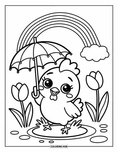 Coloriage de poulet pour adultes : Un poulet qui joue dans une flaque avec des tulipes et un arc-en-ciel