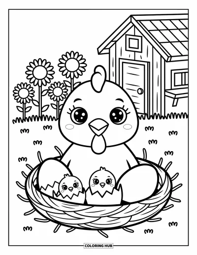 Coloriage de poulet pour adultes : Un poulet dans un nid avec des œufs et des poussins qui pointent leur bec