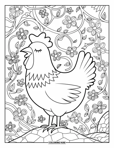 Coloriage de poulet pour adultes : Un poulet posé paisiblement sur un rocher avec des motifs floraux en spirale
