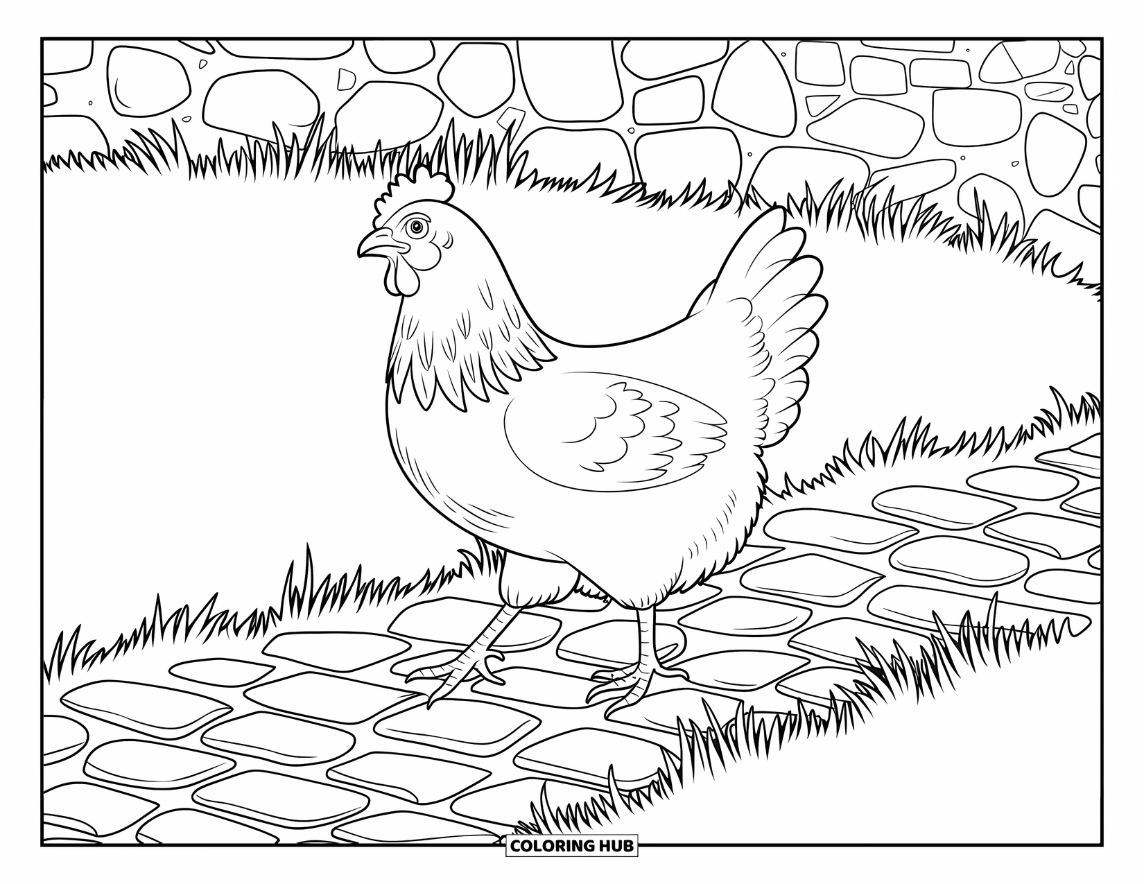 Chicken Coloring Page for Adults: Chicken walking on cobblestones near a rustic patterned stone wall