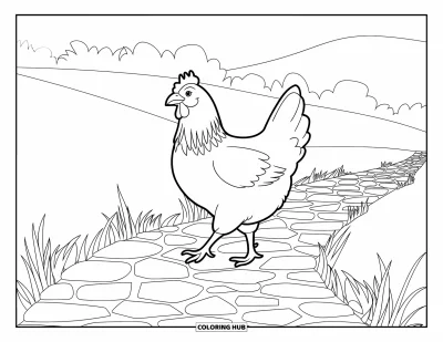 Coloriage de poulet pour adultes : Un poulet qui suit un chemin pavé entouré d'herbe et d'arbres