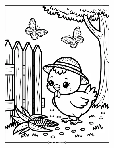 Coloriage de poulet pour adultes : Un poulet coiffé d'un chapeau de paille qui savoure du maïs près d'une clôture avec des papillons