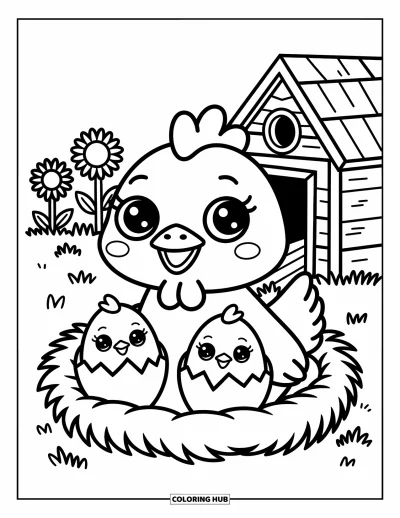 Coloriage de poulet pour adultes : Un poulet aux grands yeux qui se repose dans un nid avec des poussins curieux