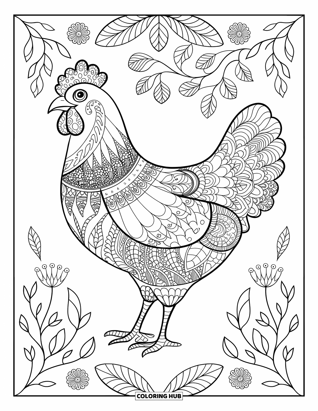 Chicken Coloring Page for Adults: Chicken with floral designs and leafy patterns throughout
