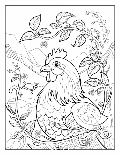 Coloriage de poulet pour adultes : Un poulet la tête tournée dans un décor floral tourbillonnant