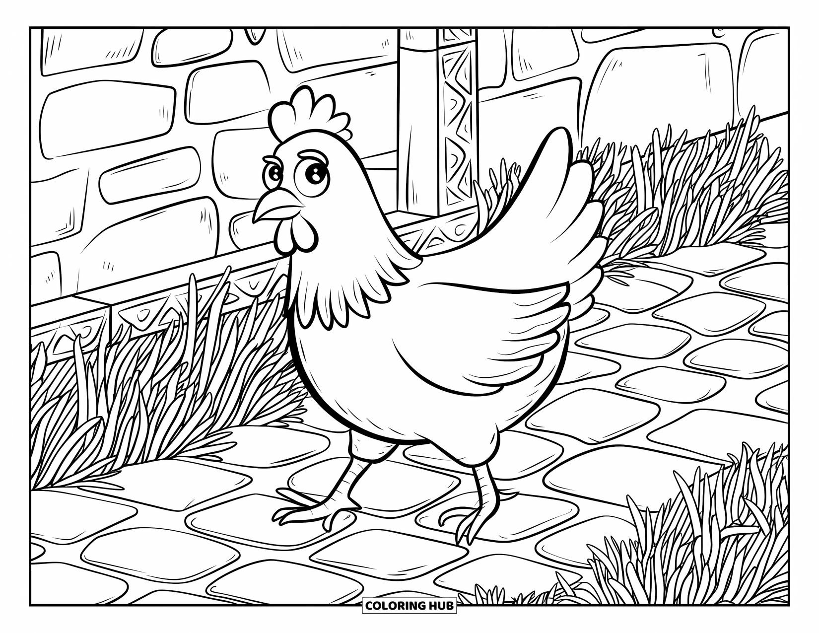 Chicken Coloring Page for Adults: Chicken with wings spread walks a cobblestone path by a detailed wall