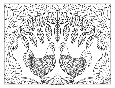 Coloriage de poulet pour adultes : Des poulets sous un dais mandala avec des motifs et un paysage serein