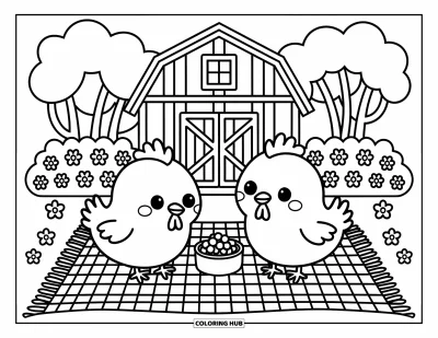 Coloriage de poulet pour adultes : De mignons poulets qui font un petit pique-nique près des arbres et d'une grange chaleureuse