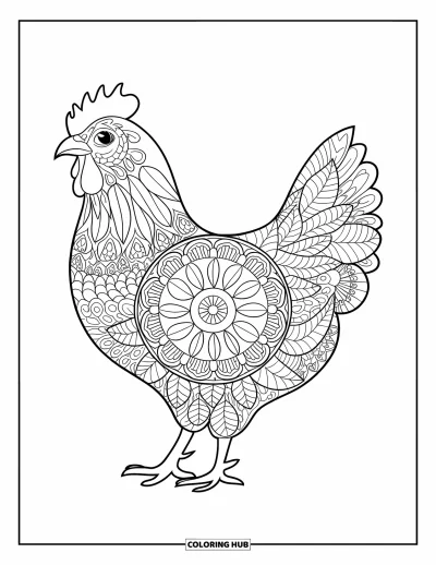 Coloriage de poulet pour adultes : Un poulet à motifs floraux sur fond vierge pour une mise en couleurs créative