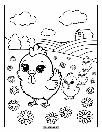 Coloriage de poulet pour adultes : Une poule toute douce et trois poussins qui se promènent parmi les fleurs et les douces collines