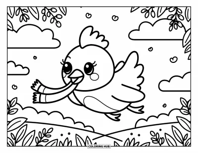 Coloriage de poulet pour adultes : Un poulet rigolo qui vole avec une écharpe au-dessus des arbres et des nuages