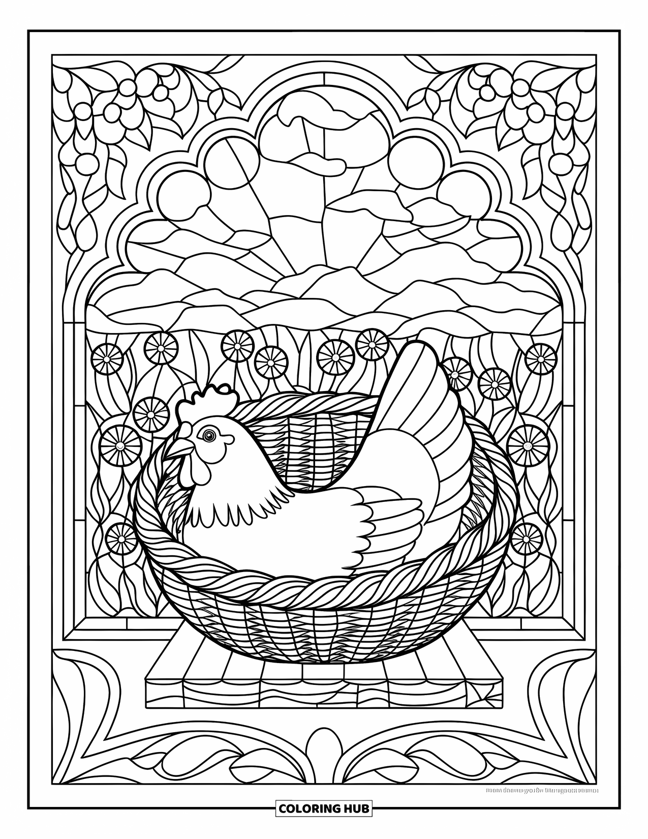Chicken Coloring Page for Adults: Hen in a basket with meadow, trees, and decorative border
