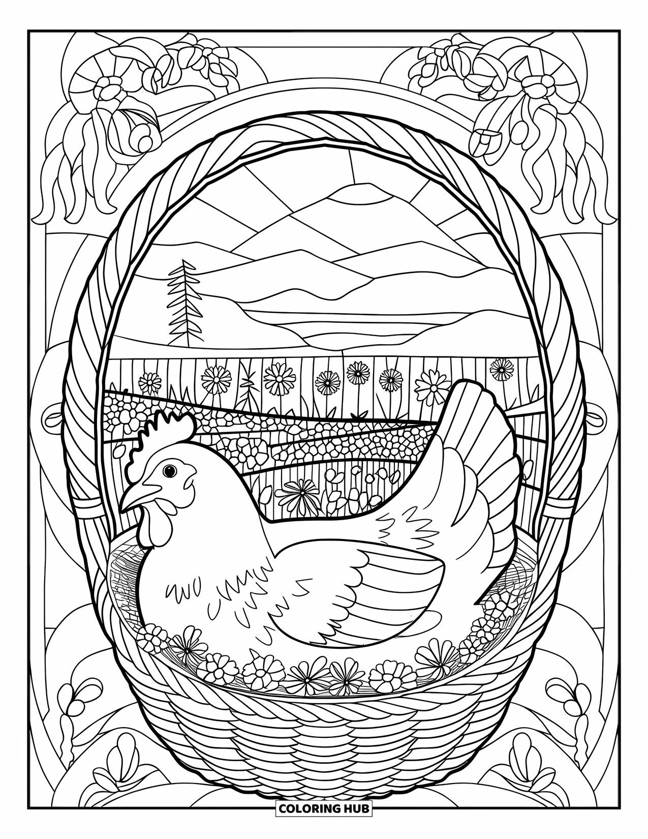 Chicken Coloring Page for Adults: Hen in a basket with stained glass and a scenic mountain view