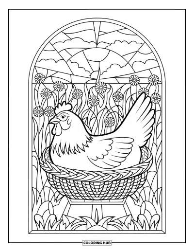 Coloriage de poulet pour adultes : Une poule qui se repose dans un panier avec un fond de vitrail champêtre
