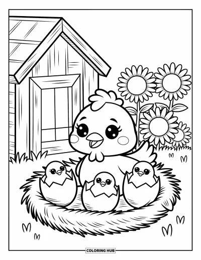 Coloriage de poulet pour adultes : Une poule avec ses poussins dans un nid près d'un poulailler et un parterre de tournesols