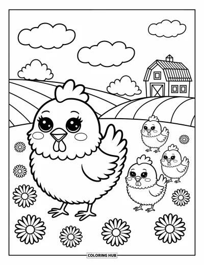 Coloriage de poulet pour adultes : Une poule aux grands yeux qui guide ses poussins dans un champ de marguerites