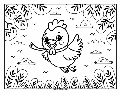 Coloriage de poulet pour adultes : Un poulet plein de joie qui s'élève dans les nuages, écharpe au bec, au-dessus d'arbres feuillis