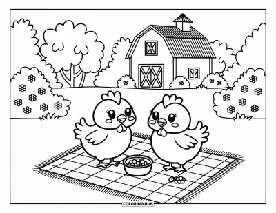 Coloriage de poulet pour adultes : Des poulets kawaii qui partagent des baies sur une couverture près de buissons en fleurs