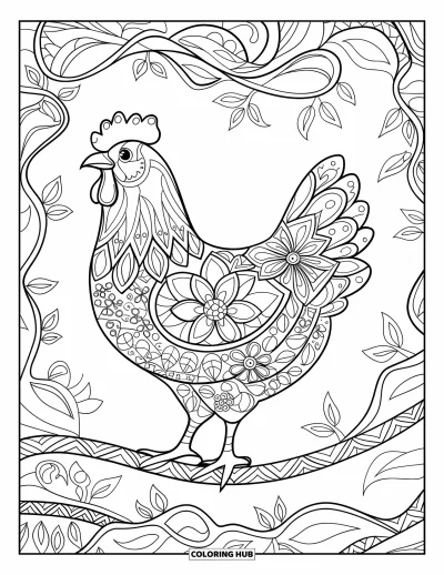 Coloriage de poulet pour adultes : Un poulet mandala sur une branche avec un fond de feuillage