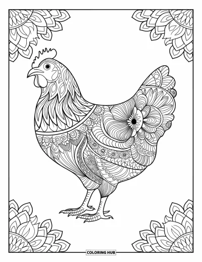 Coloriage de poulet pour adultes : Un poulet en style mandala orné de fleurs et de feuilles