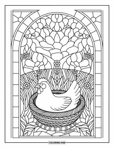 Coloriage de poulet pour adultes : Une poule paisible dans un panier entouré de fleurs en vitrail et de ciel