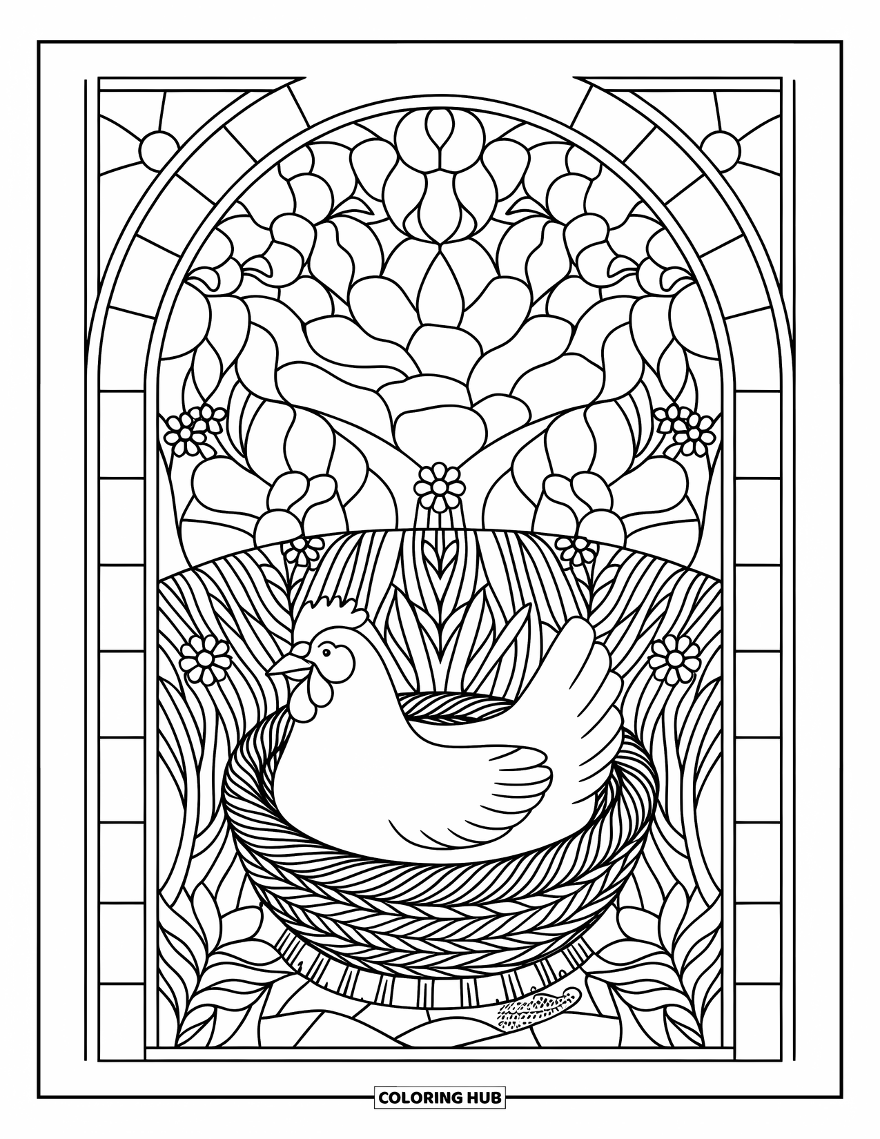 Chicken Coloring Page for Adults: Peaceful hen in a basket with stained glass flowers and sky