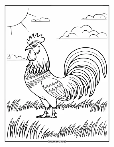 Coloriage de poulet pour adultes : Un coq dans un champ portant une couronne avec des nuages dans le ciel