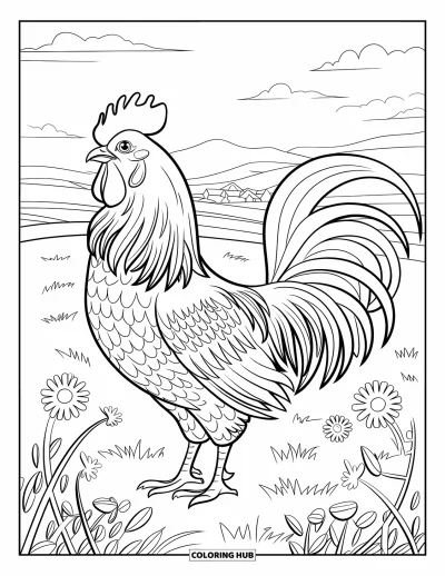Coloriage de poulet pour adultes : Un coq qui se dresse fièrement dans un champ avec des collines et un village au loin