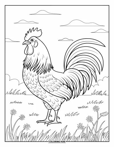 Coloriage de poulet pour adultes : Un coq aux plumes détaillées dans un champ de fleurs sauvages