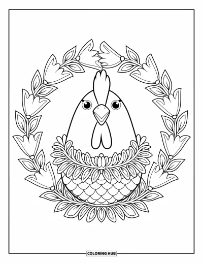 Coloriage de poulet pour adultes : Un poulet au corps rond avec une couronne florale dans un simple cadre circulaire