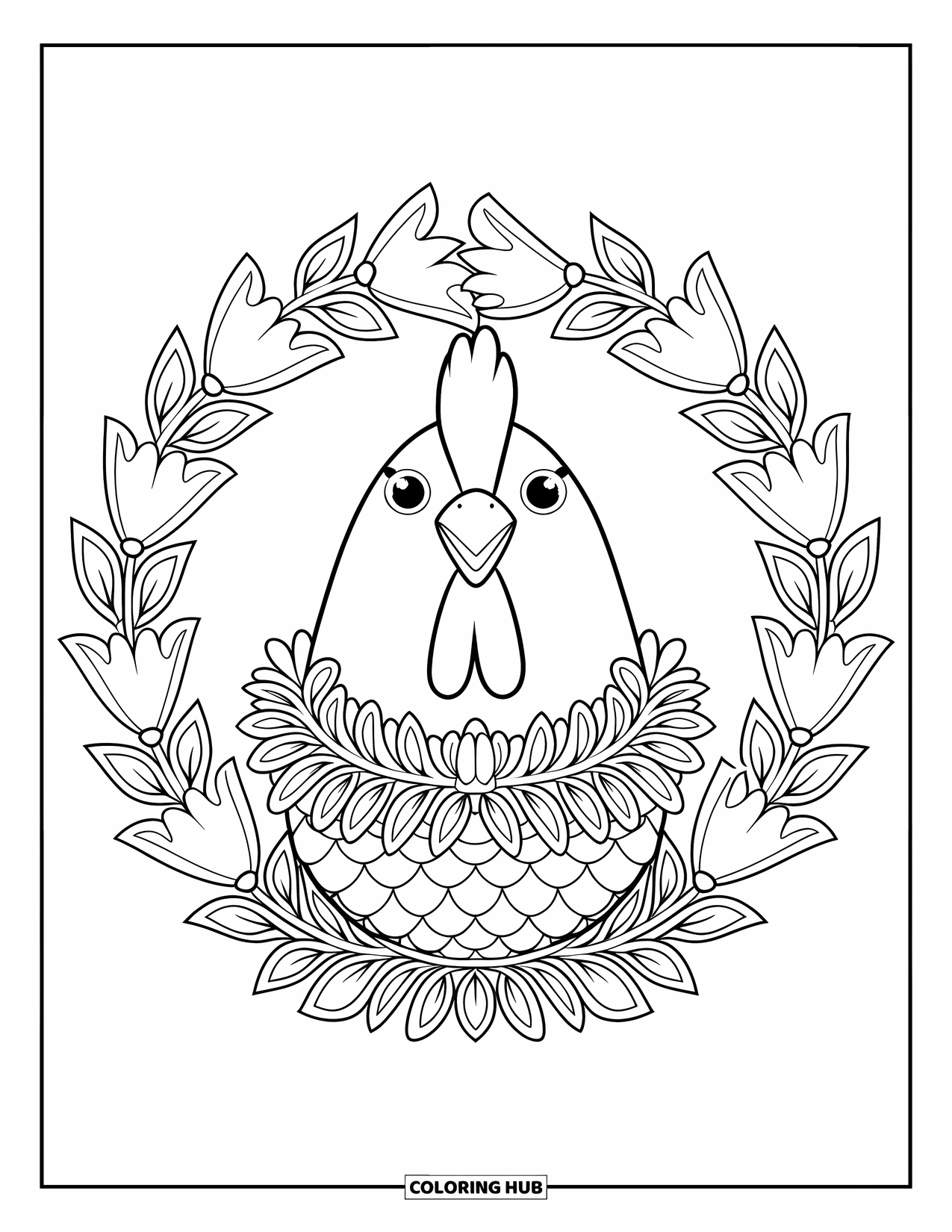 Chicken Coloring Page for Adults: Round-bodied chicken wears a floral wreath in a simple circle frame