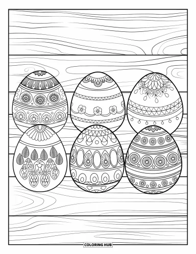 Coloriage de poulet pour adultes : Une rangée d'œufs à motifs circulaires sur une surface en bois