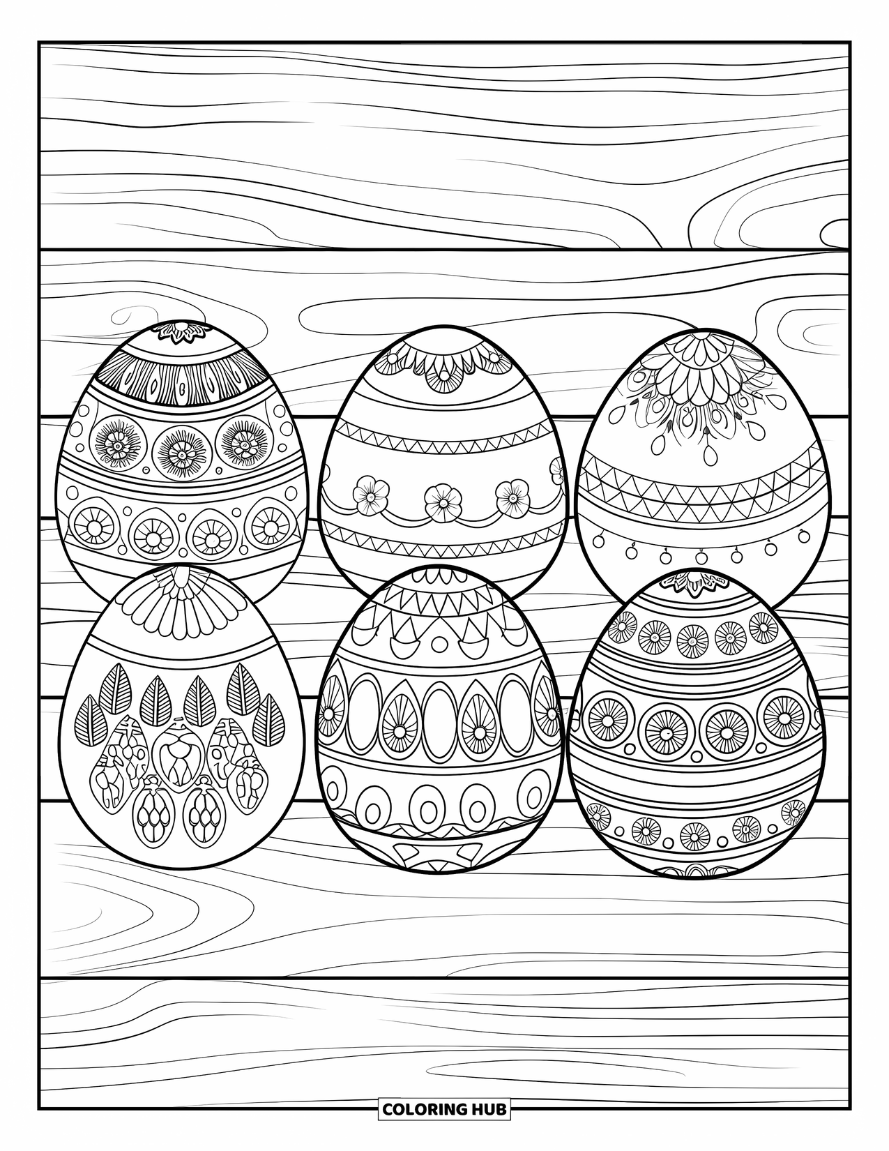 Chicken Coloring Page for Adults: Row of eggs with circular patterns on a wooden surface
