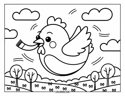 Coloriage de poulet pour adultes : Un poulet souriant qui vole bas au-dessus d'un pré en tenant une petite écharpe