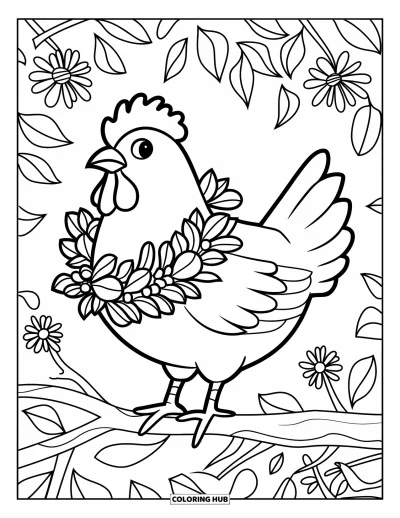 Coloriage de poulet pour adultes : Un poulet stylisé dans une couronne de fleurs sur fond de feuillage