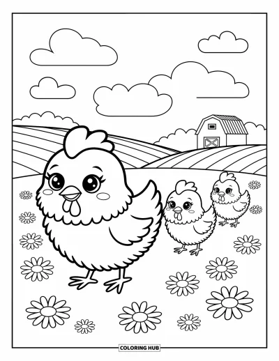 Coloriage de poulet pour adultes : Une douce poule et trois poussins qui passent devant des marguerites et une grange chaleureuse
