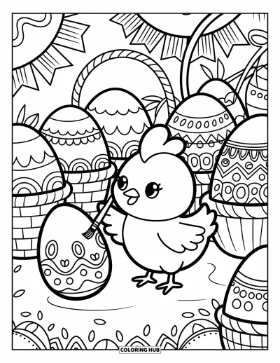 Coloriage de poulet pour adultes : Un petit poulet qui décore des œufs dans un coin douillet rempli de rubans