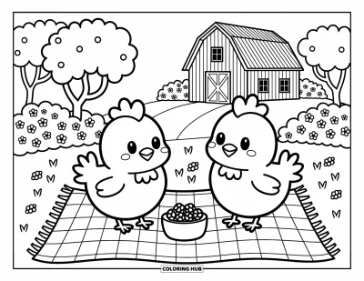 Coloriage de poulet pour adultes : Deux poulets qui pique-niquent avec des baies près d'une grange accueillante