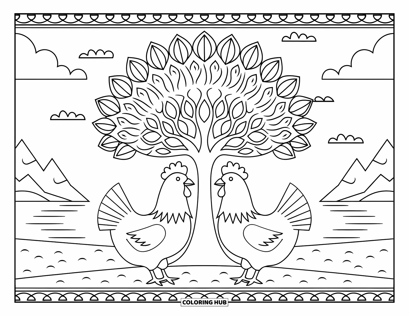 Chicken Coloring Page for Adults: Two chickens sit under a mandala tree with mountains and clouds behind