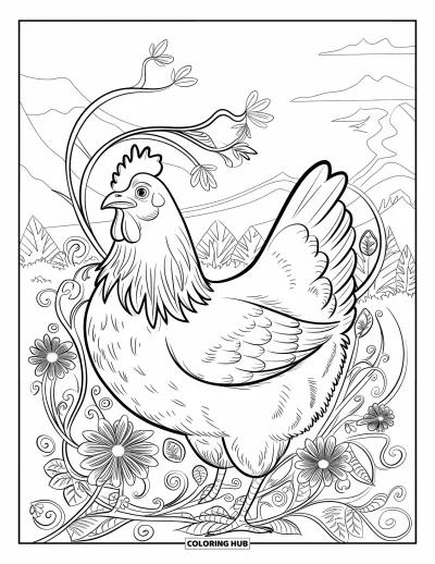 Coloriage de poulet pour adultes : Un poulet aux yeux écarquillés entouré de vrilles et de motifs floraux détaillés