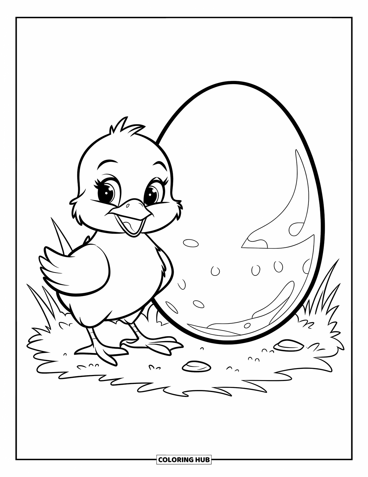 Chicken Coloring Page for Kids: Baby chick standing beside a large speckled egg in the grass