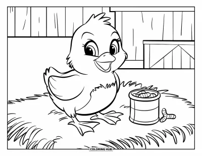 Coloriage de poulet pour enfants : Un poussin souriant assis sur du foin à côté d'une boîte de vers